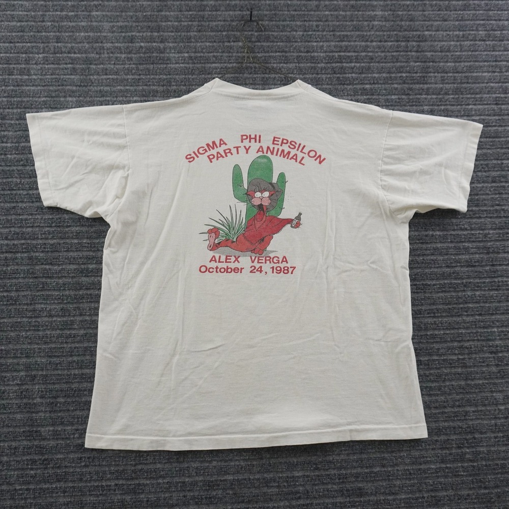 Vintage 80s T-Shirt Men XL White Sigma Phi Epsilon Party Animal 1987 Graphic